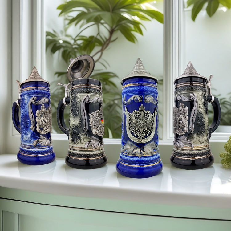Hochwertiger Bierkrug mit Deckel und kunstvoller Metallmontur – inspiriert vom Charme deutscher Bierkultur.