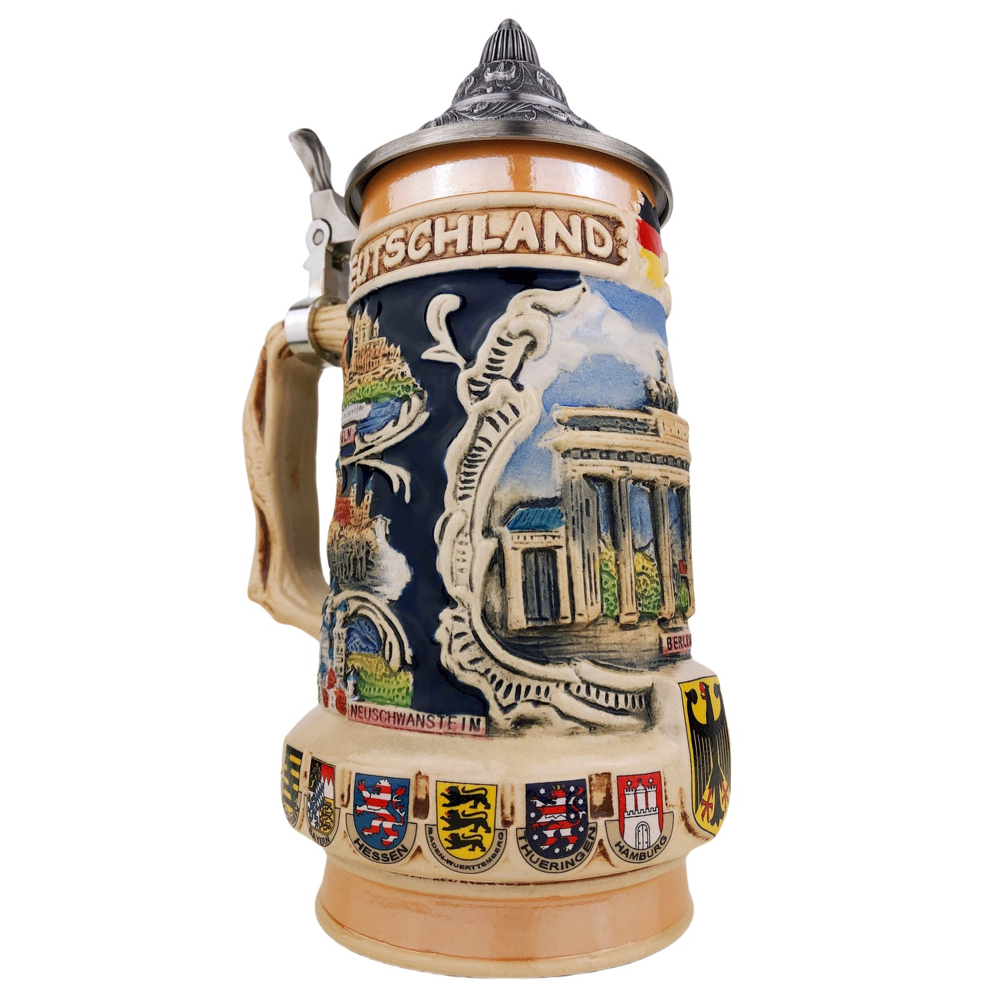 Bierkrug mit Deckel 0,7L – Traditioneller Steinkrug mit Deutschland-Motiv – Brandenburger Tor auf der Vorderseite