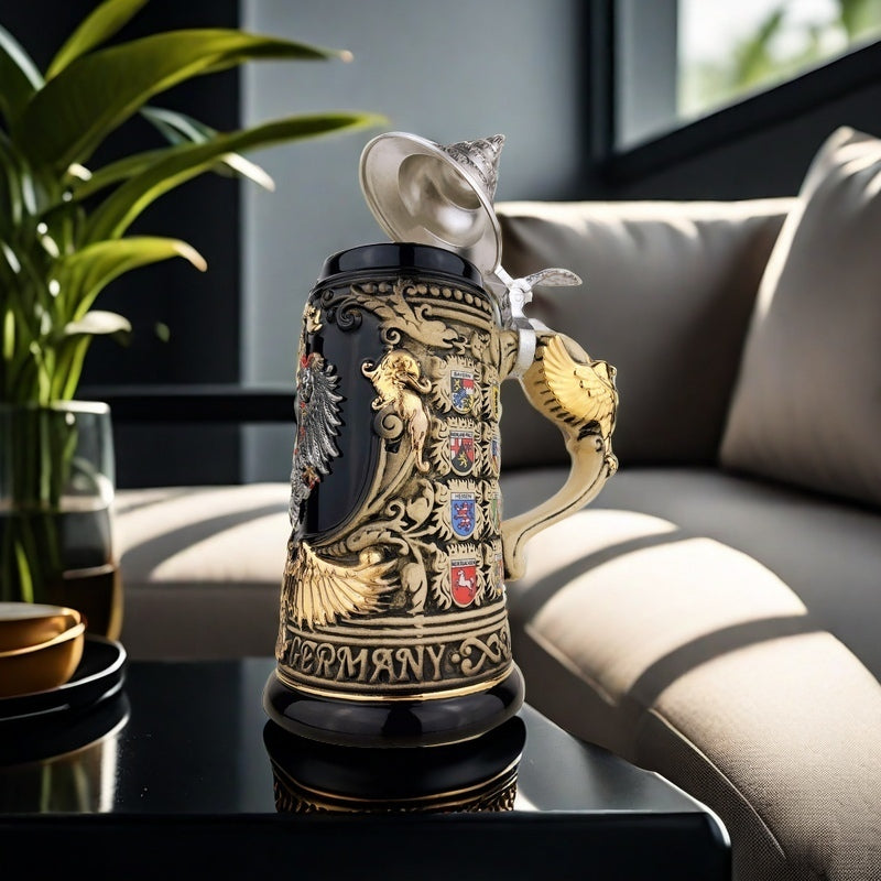 KING® Made in Germany Bierkrug mit Zinn-Deckel "Deutschland" mit Adler-Henkel 0,6L (0430/1SAHEB1)