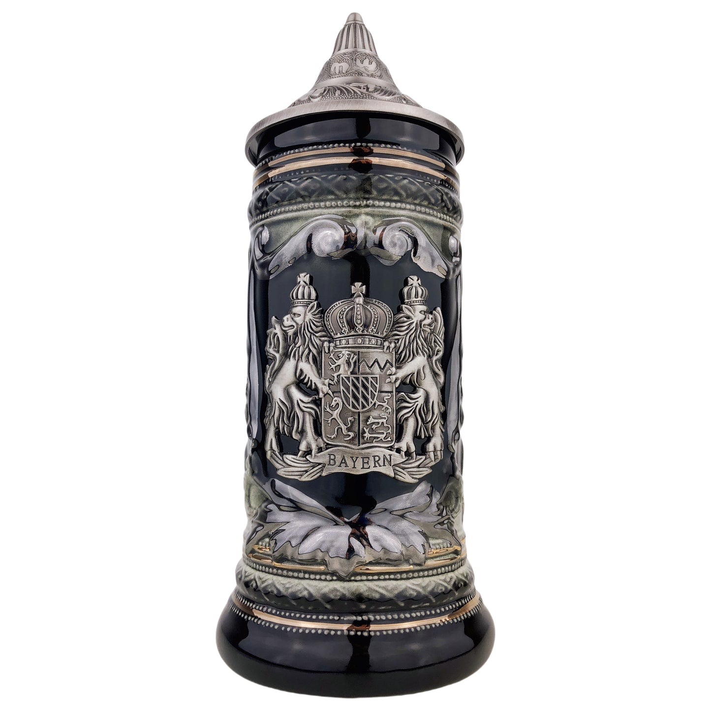 Bierkrug mit Deckel 0,7L – Bierseidel Steinkrug mit Spitzdeckel und Metallmontur "Bayern" (Schwarz/Braun)