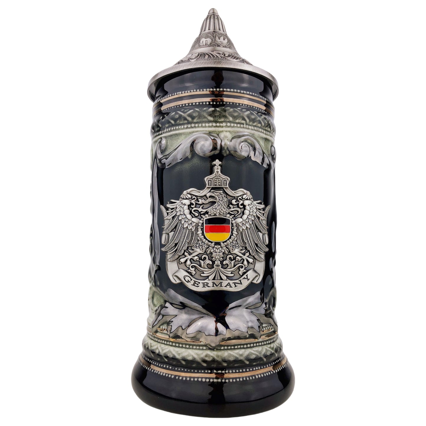 Bierkrug mit Deckel 0,7L – Bierseidel Steinkrug mit Spitzdeckel und Metallmontur "Germany" mit Deutschland-Farben (Schwarz/Braun)