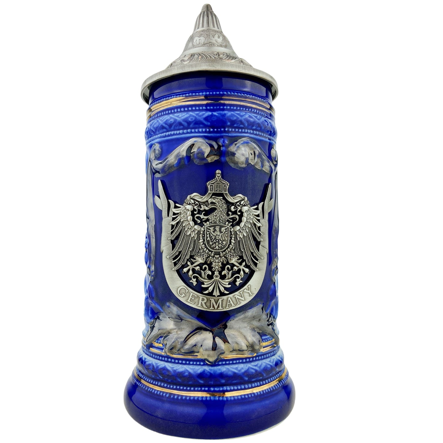 Bierkrug mit Deckel 0,7L – Bierseidel Steinkrug mit Spitzdeckel und Metallmontur "Germany" (Blau)