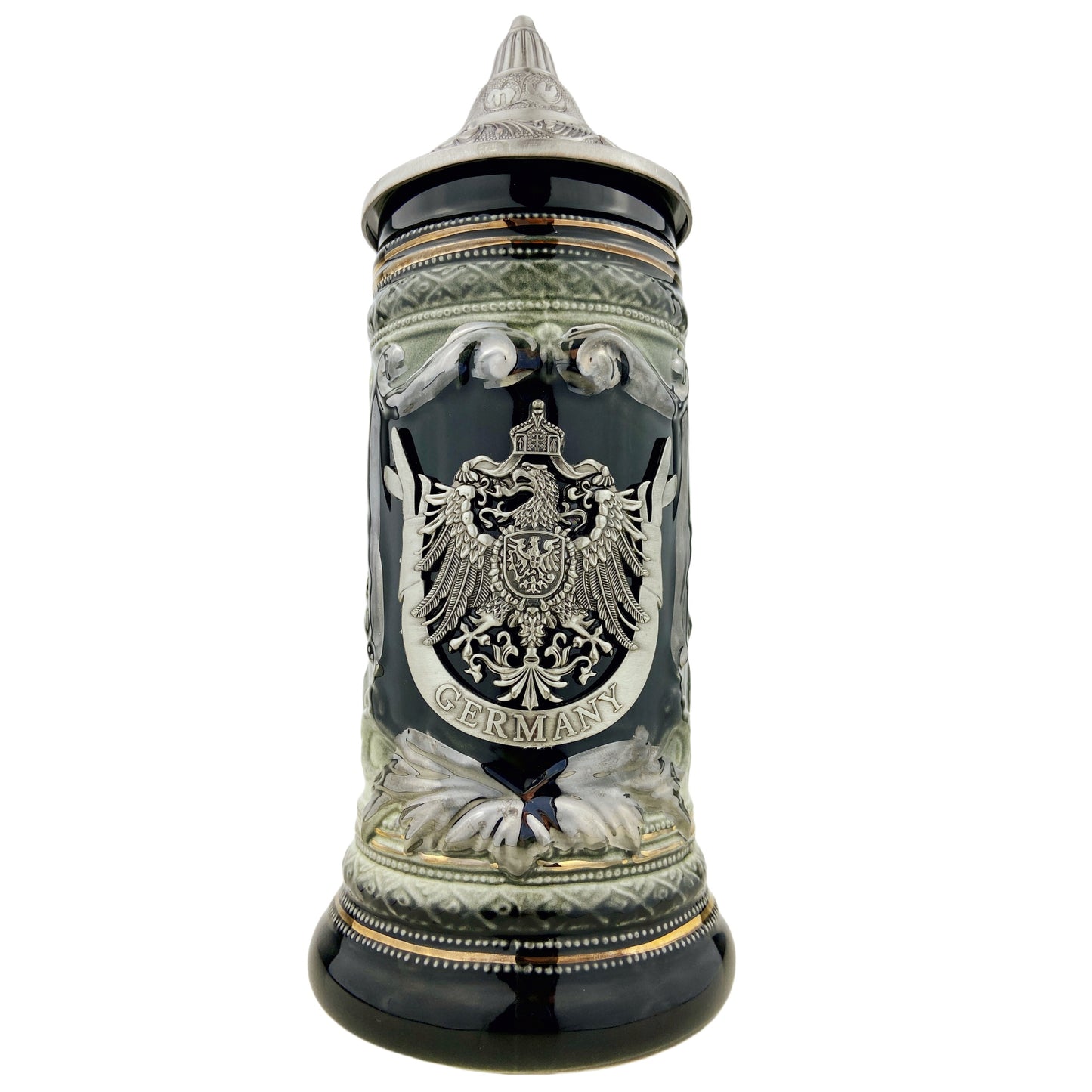 Bierkrug mit Deckel 0,7L – Bierseidel Steinkrug mit Spitzdeckel und Metallmontur "Germany" (Schwarz/Braun)