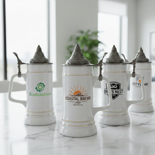 Bierkrug mit Deckel 0,7L (Weiß, Spitzdeckel) – personalisierbar mit Ihrem Logo oder Foto