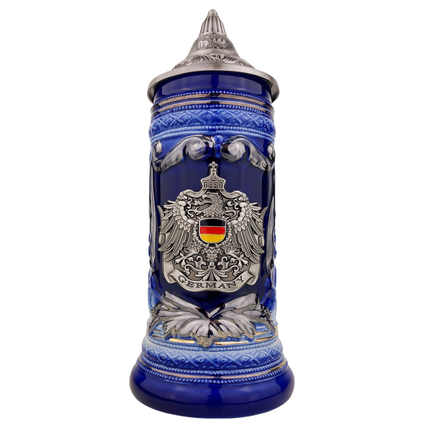 Bierkrug mit Deckel 0,7L – Bierseidel Steinkrug mit Spitzdeckel und Metallmontur "Germany" mit Deutschland-Farben (Blau)