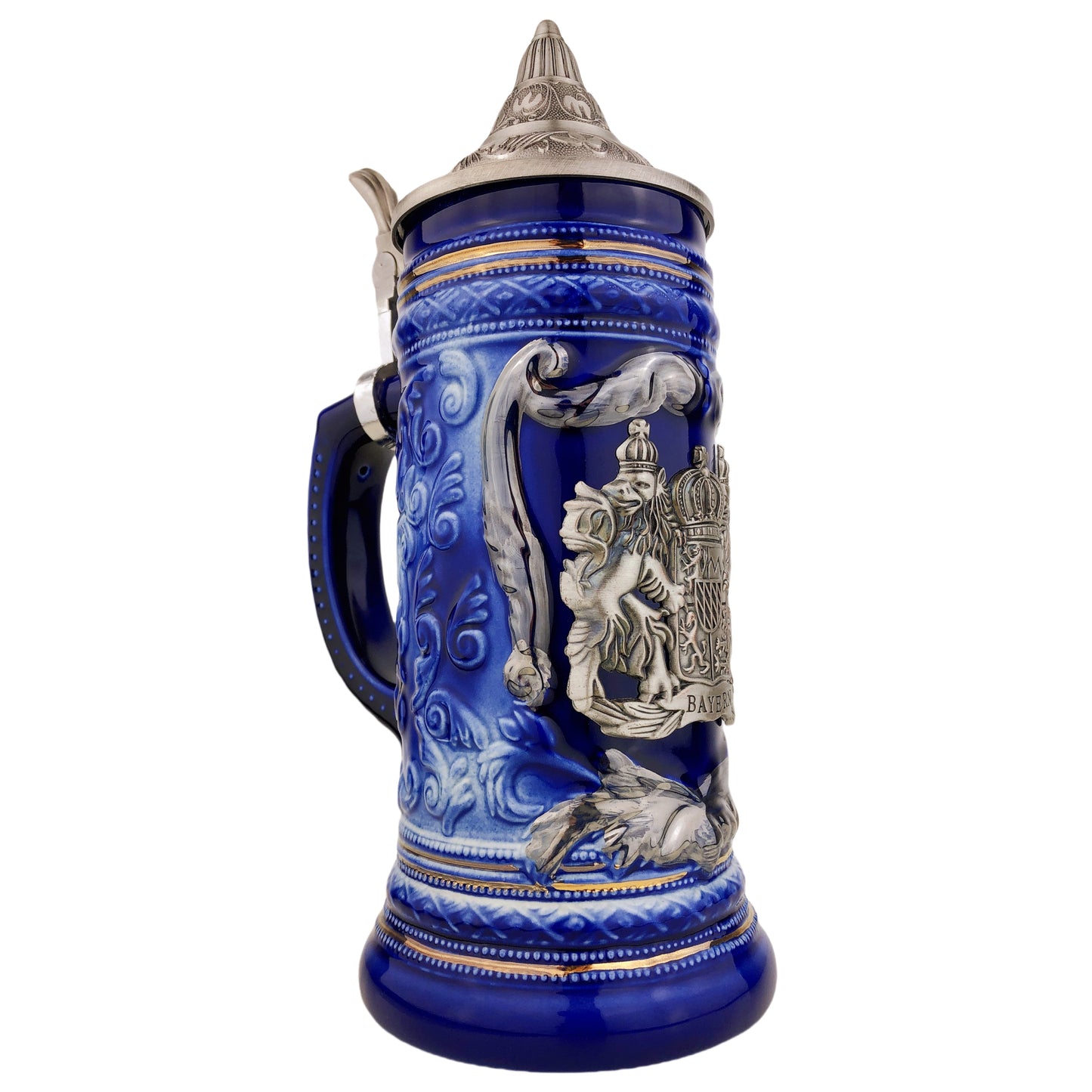 Bierkrug mit Deckel 0,7L – Bierseidel Steinkrug mit Spitzdeckel und Metallmontur "Bayern" (Blau)