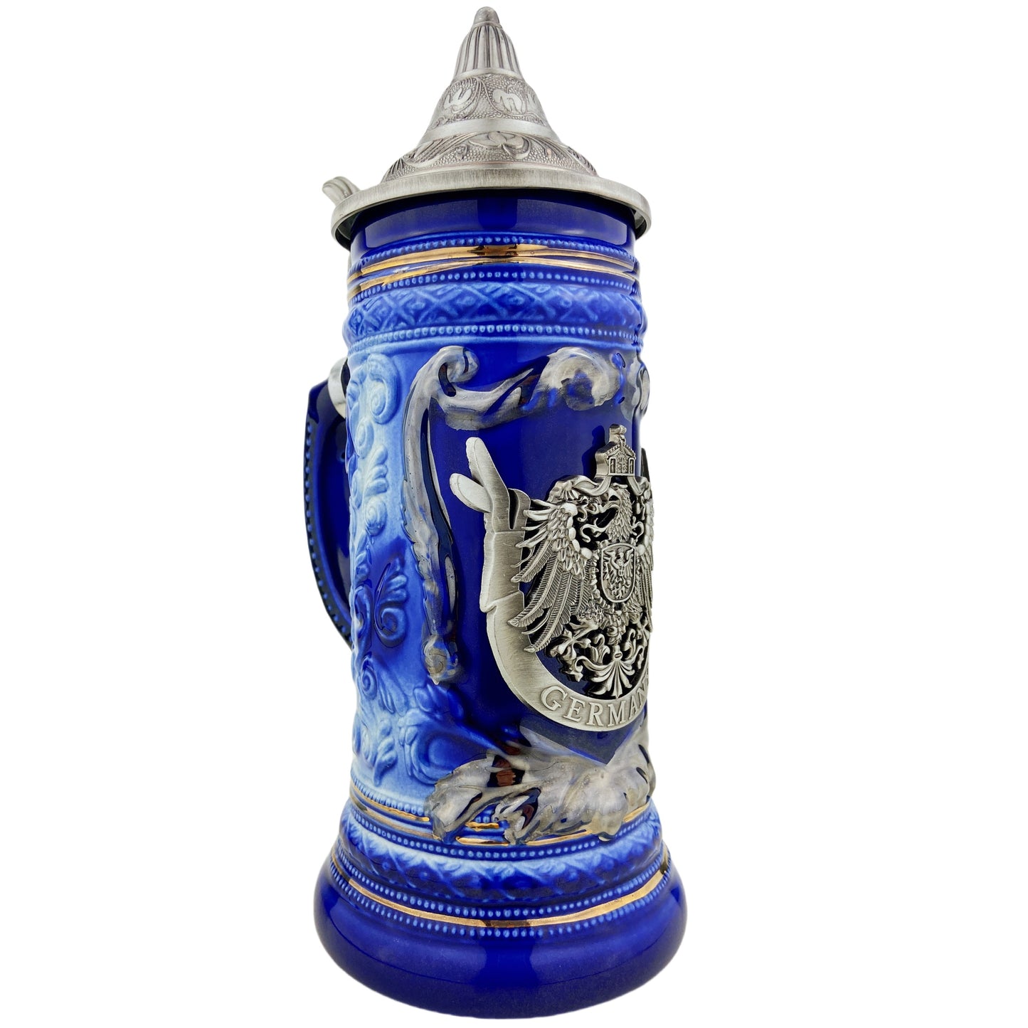 Bierkrug mit Deckel 0,7L – Bierseidel Steinkrug mit Spitzdeckel und Metallmontur "Germany" (Blau)