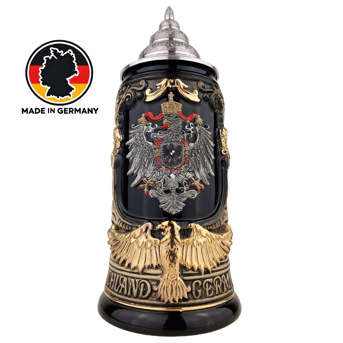 KING® Made in Germany Bierkrug mit Zinn-Deckel "Deutschland" mit Adler-Henkel 0,6L (0430/1SAHEB1)