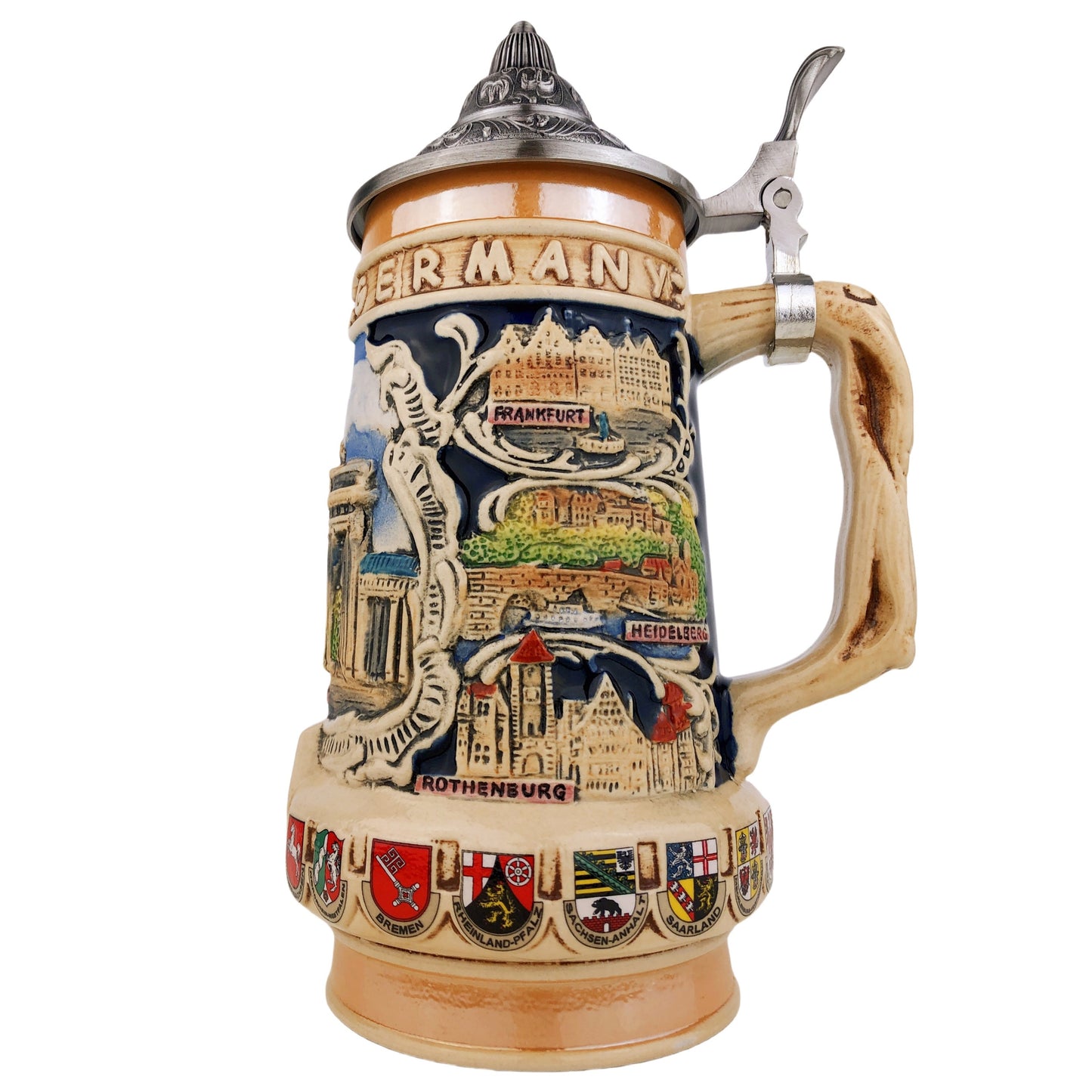 Bierkrug mit Deckel 0,7L – Traditioneller Steinkrug mit Deutschland-Motiv – Brandenburger Tor auf der Vorderseite