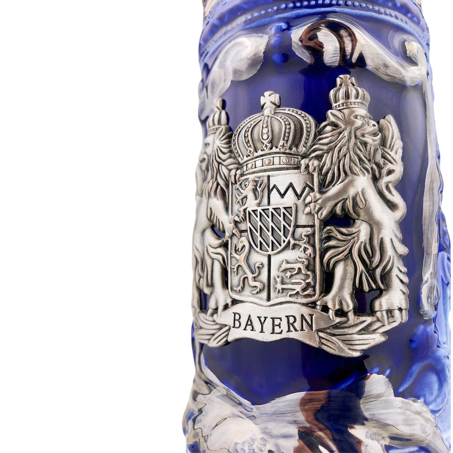 Bierkrug mit Deckel 0,7L – Bierseidel Steinkrug mit Spitzdeckel und Metallmontur "Bayern" (Blau)