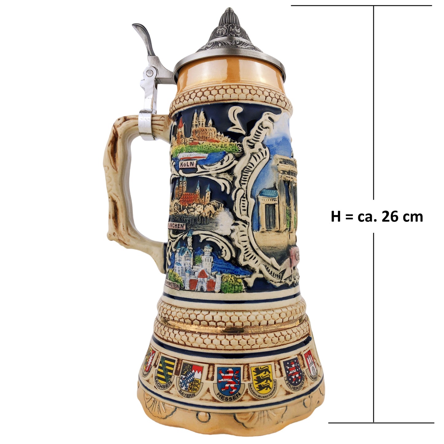 Bierkrug mit Deckel 0,7L – Steinkrug mit XL-Boden – Brandenburger Tor Motiv auf der Vorderseite – Deutschland Design