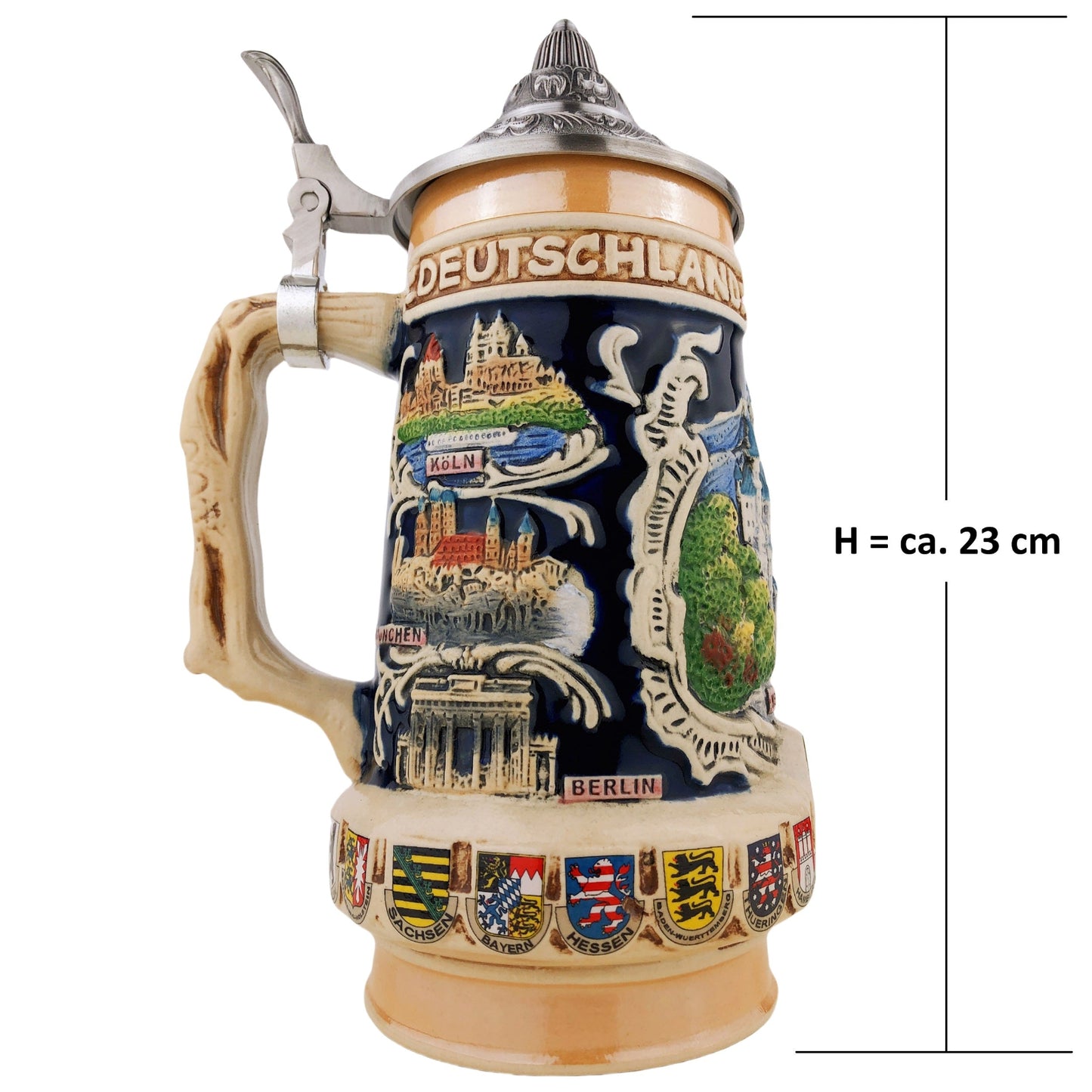 Bierkrug mit Deckel 0,7L – Traditioneller Steinkrug mit Deutschland-Motiv – Neuschwanstein auf der Vorderseite