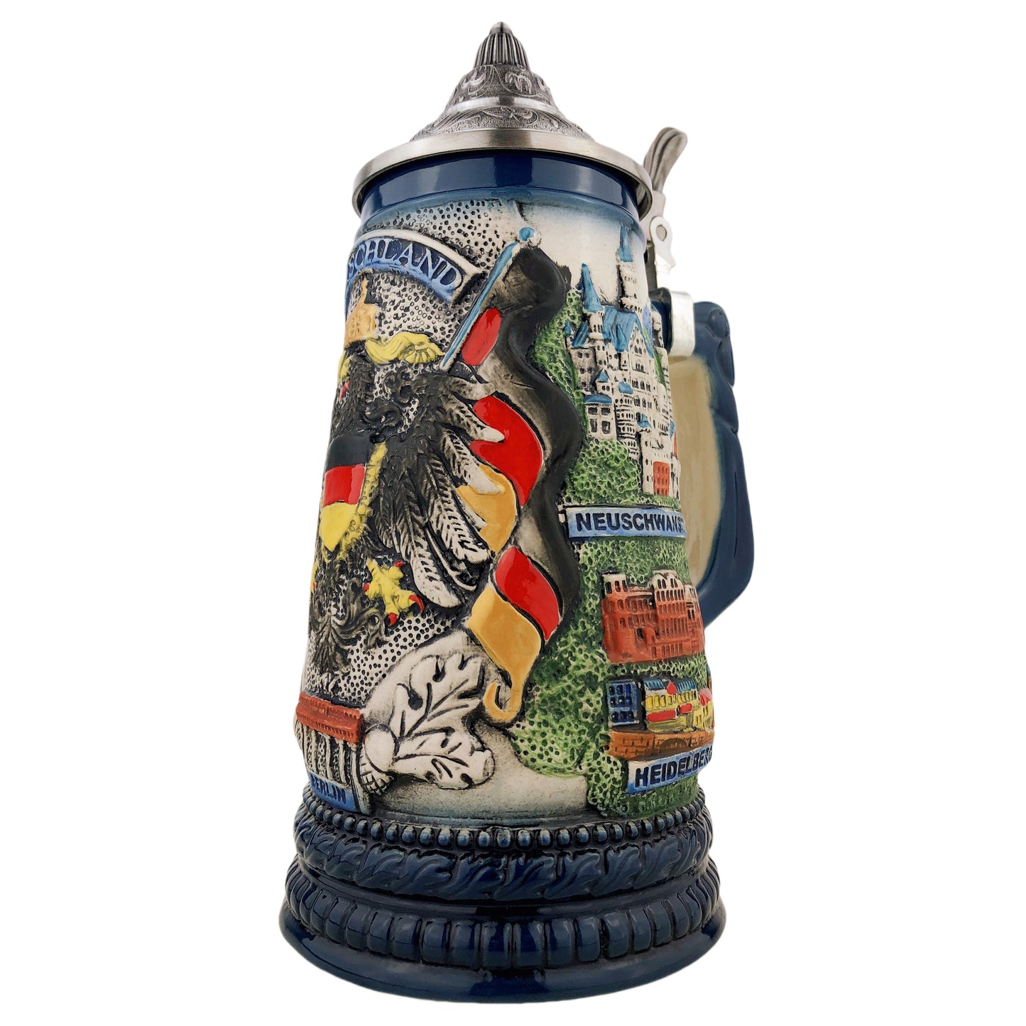 Bierkrug mit Deckel 0,7L – Traditioneller Handmade Steinkrug – Deutschland Motiv mit Adler und Fahne Blau