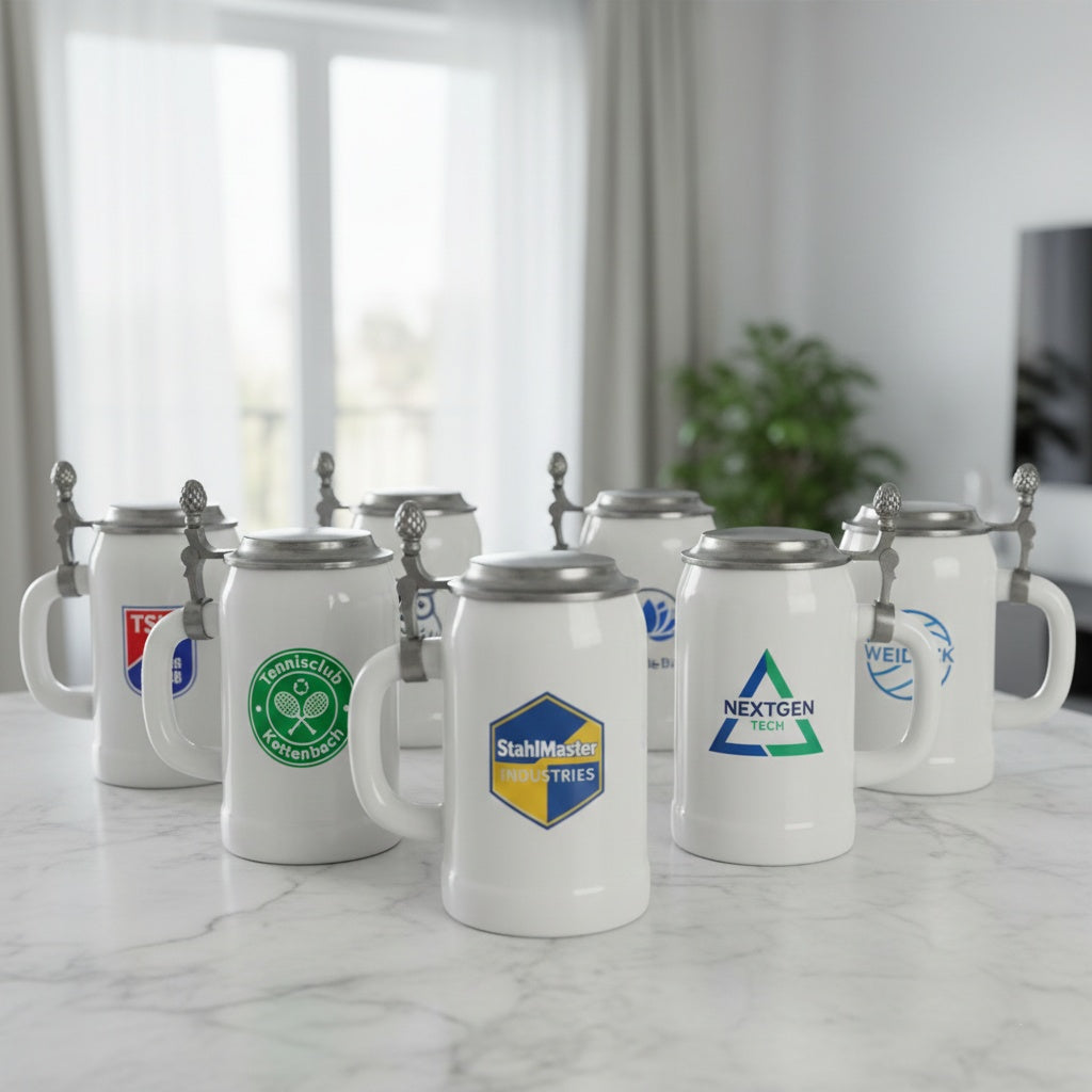 Bierkrug mit Deckel 0,5L (Weiß, Flachdeckel) – personalisierbar mit Ihrem Logo oder Foto