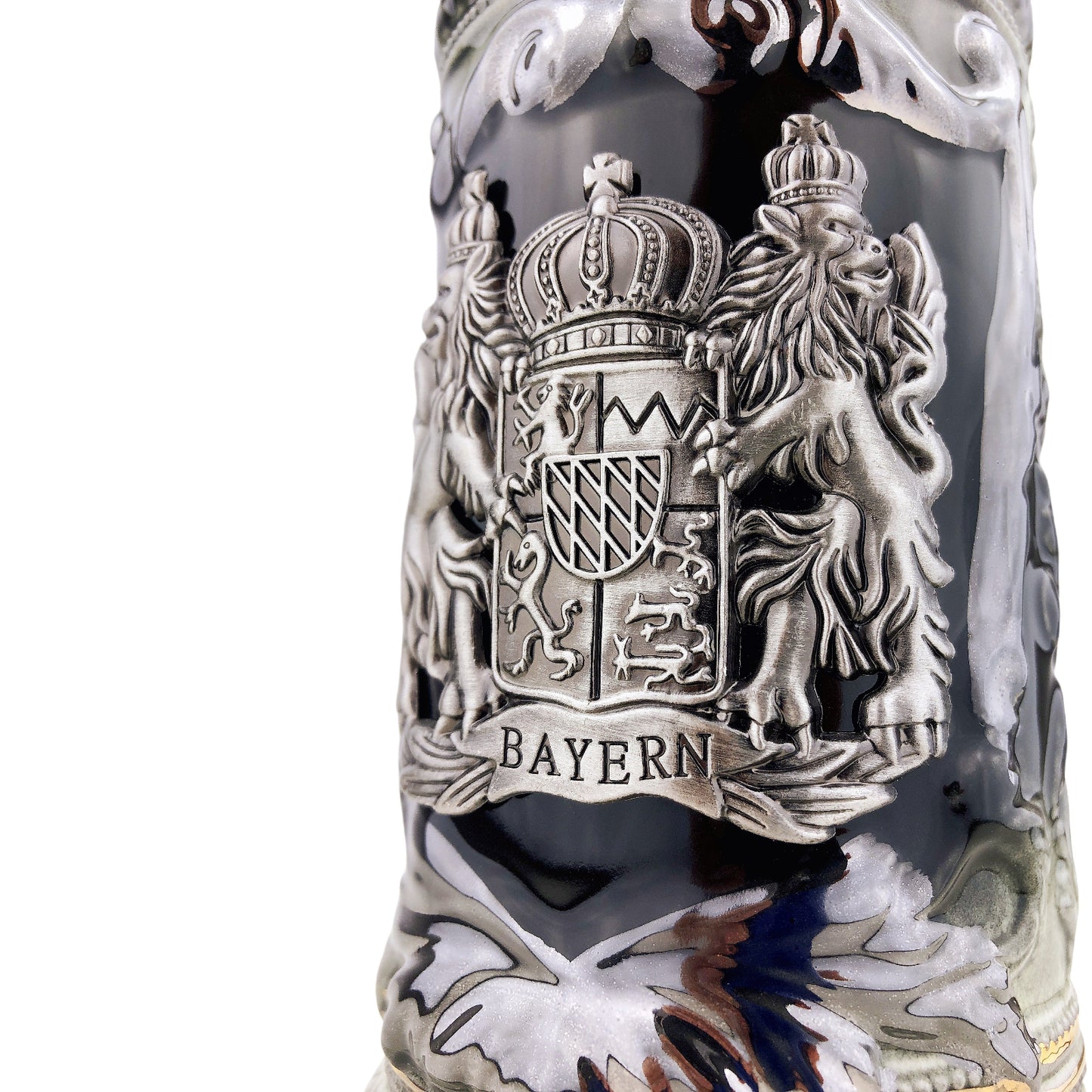 Bierkrug mit Deckel 0,7L – Bierseidel Steinkrug mit Spitzdeckel und Metallmontur "Bayern" (Schwarz/Braun)