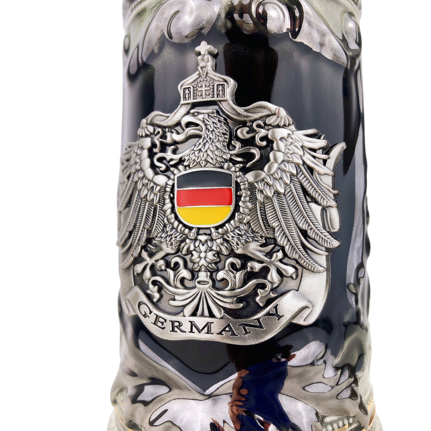 Bierkrug mit Deckel 0,7L – Bierseidel Steinkrug mit Spitzdeckel und Metallmontur "Germany" mit Deutschland-Farben (Schwarz/Braun)