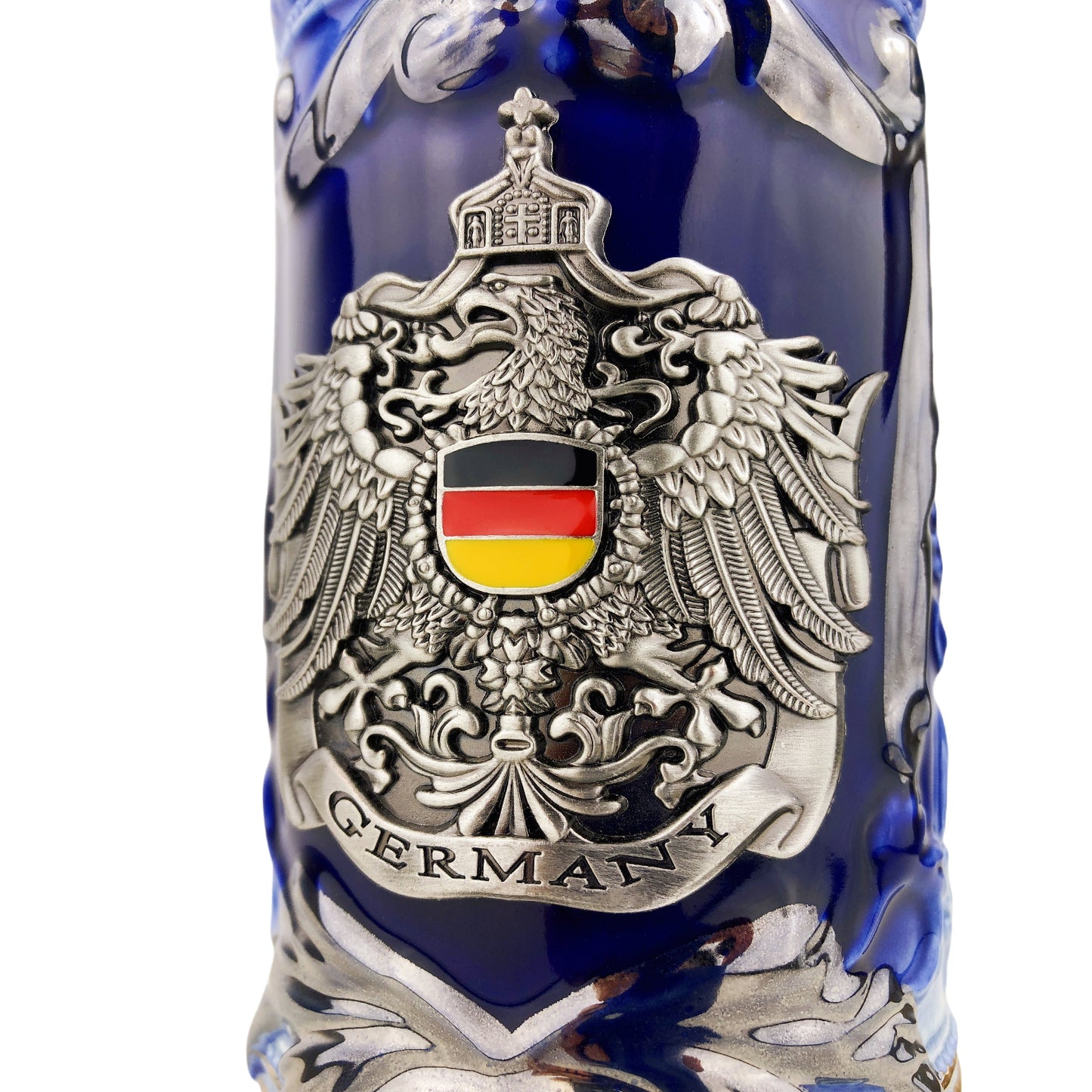 Bierkrug mit Deckel 0,7L – Bierseidel Steinkrug mit Spitzdeckel und Metallmontur "Germany" mit Deutschland-Farben (Blau)