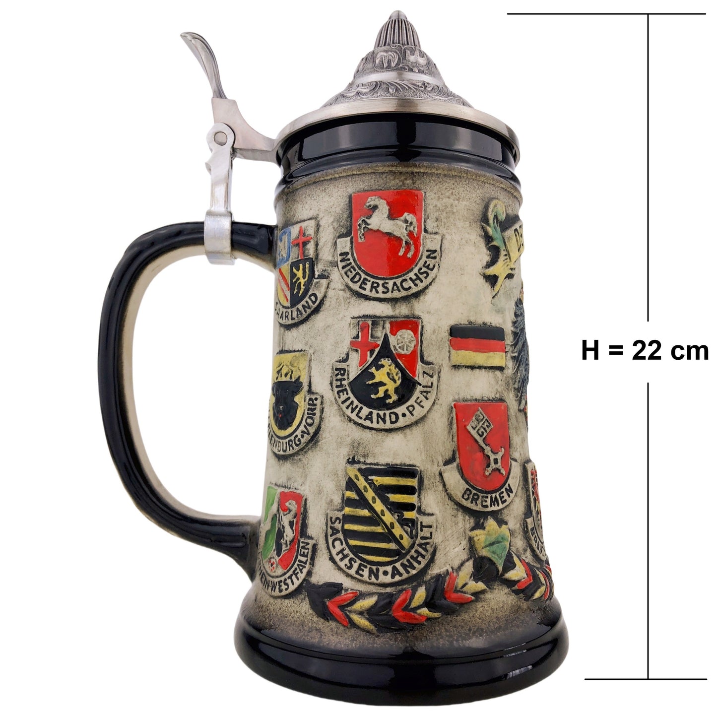 Bierkrug mit Deckel 0,7L – Handgefertigter Steinkrug im Deutschland-Design mit Bundesländer-Wappen