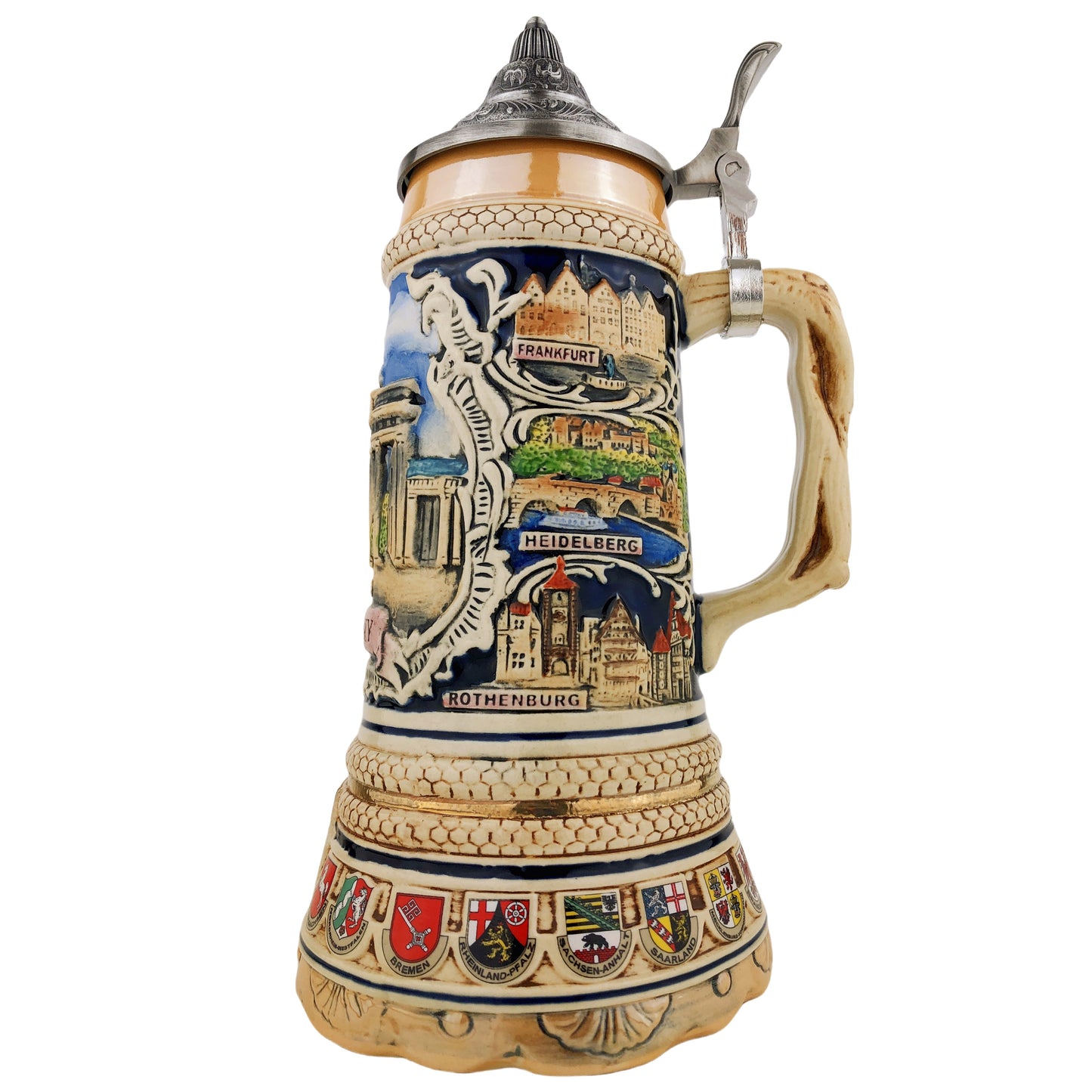 Bierkrug mit Deckel 0,7L – Steinkrug mit XL-Boden – Brandenburger Tor Motiv auf der Vorderseite – Deutschland Design