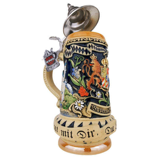 KING-WERK Bierkrug mit Zinndeckel – Motiv „Bayern – Bavaria“ – Relief-Steinzeug – Made in Germany (Artikel: 0393 FB1)