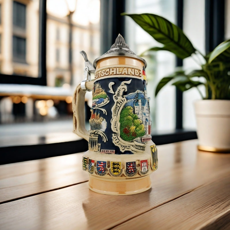 Bierkrug mit Deckel 0,7L – Traditioneller Steinkrug mit Deutschland-Motiv – Neuschwanstein auf der Vorderseite