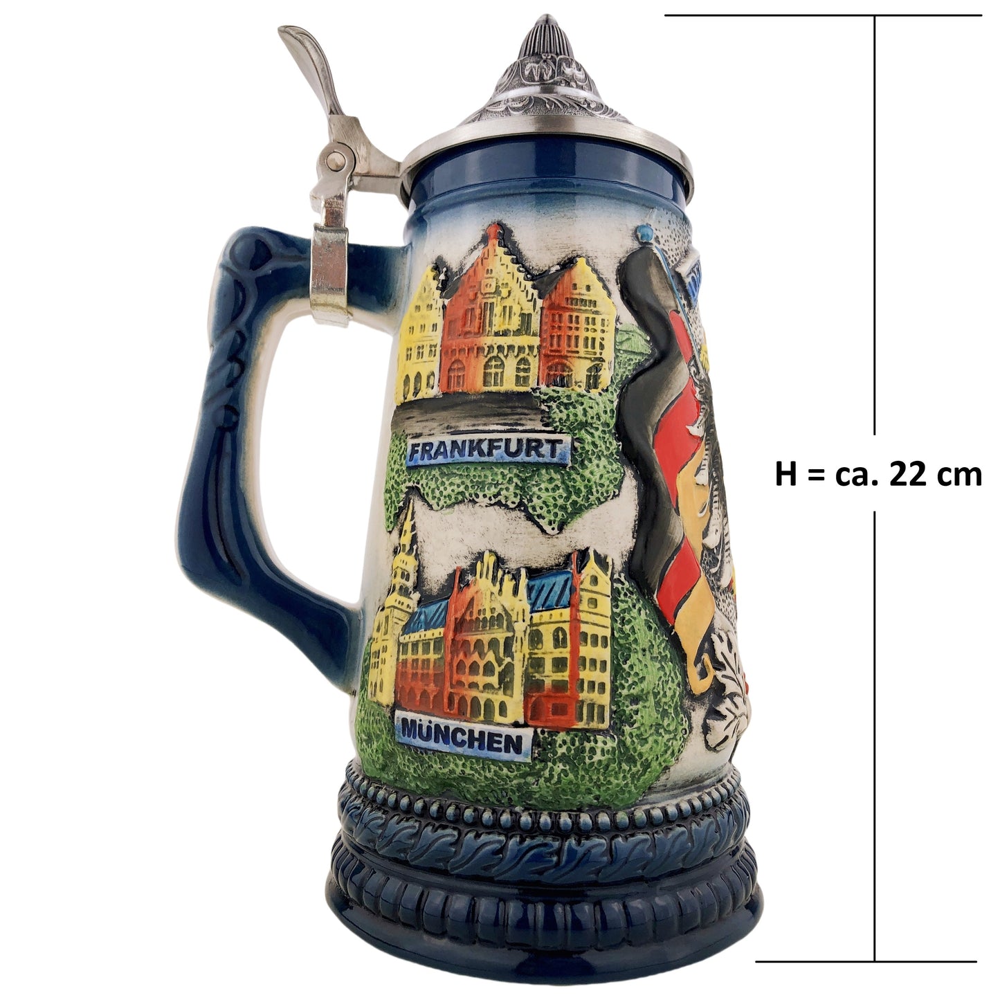 Bierkrug mit Deckel 0,7L – Traditioneller Handmade Steinkrug – Deutschland Motiv mit Adler und Fahne Blau