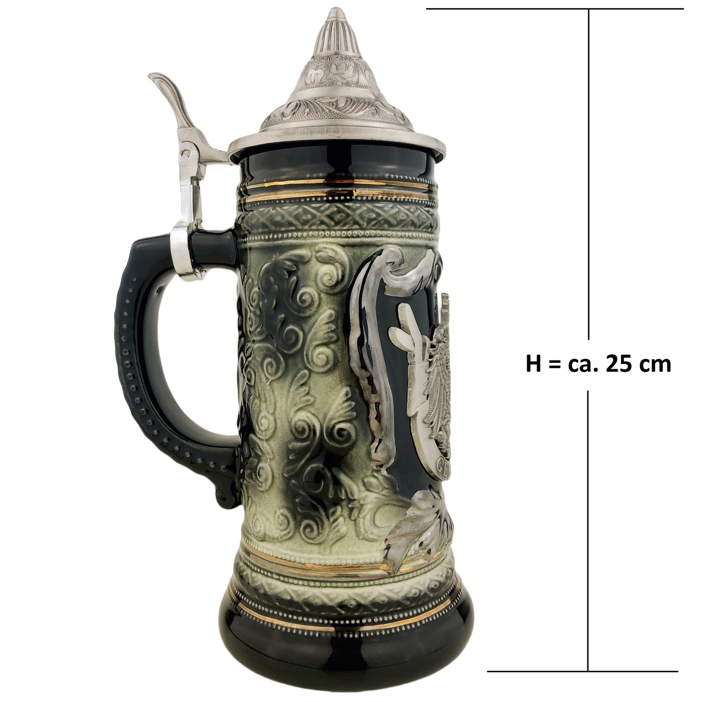 Bierkrug mit Deckel 0,7L – Bierseidel Steinkrug mit Spitzdeckel und Metallmontur "Germany" (Schwarz/Braun)