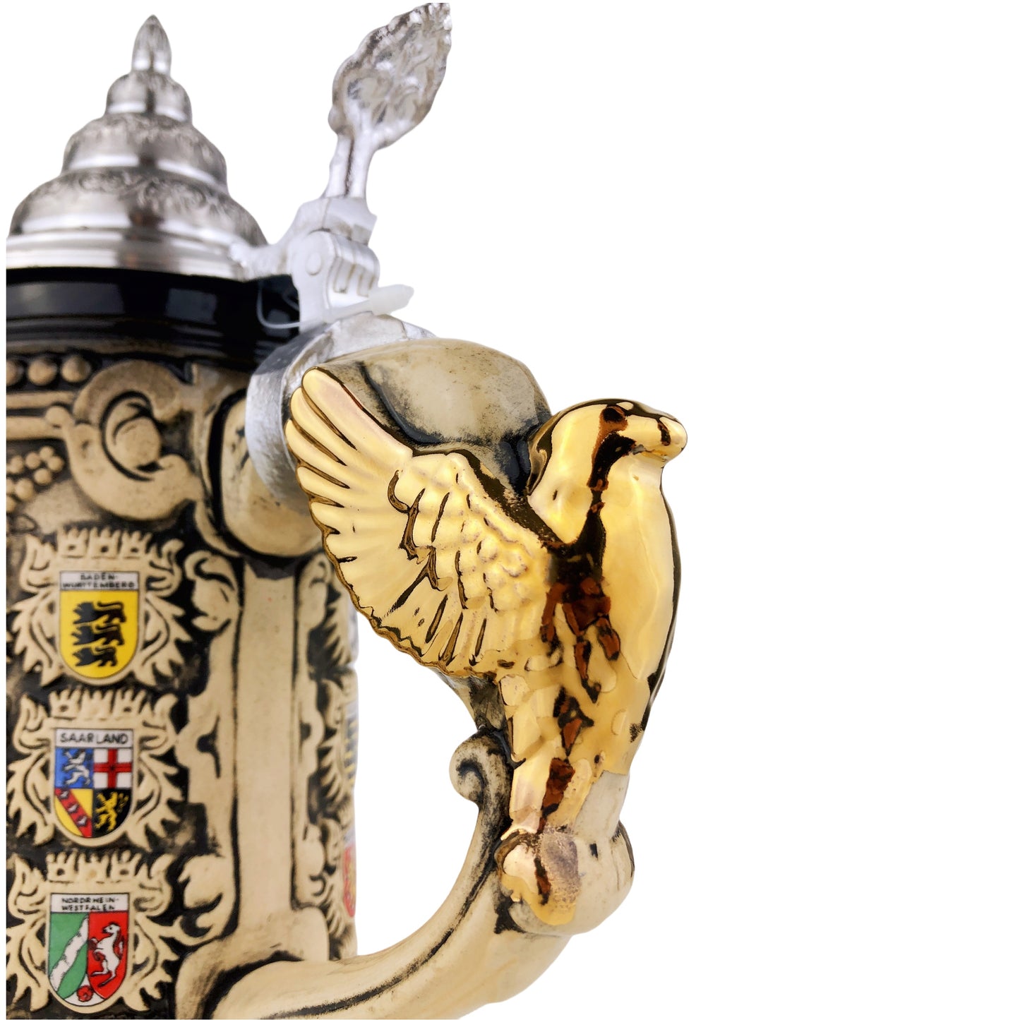 KING® Made in Germany Bierkrug mit Zinn-Deckel "Deutschland" mit Adler-Henkel 0,6L (0430/1SAHEB1)