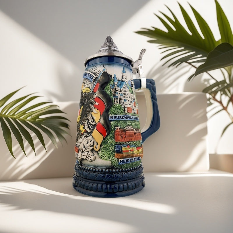 Bierkrug mit Deckel 0,7L – Traditioneller Handmade Steinkrug – Deutschland Motiv mit Adler und Fahne Blau