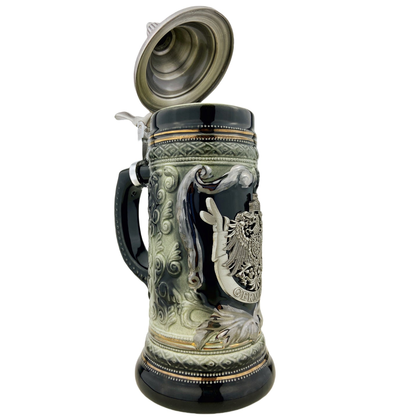Bierkrug mit Deckel 0,7L – Bierseidel Steinkrug mit Spitzdeckel und Metallmontur "Germany" (Schwarz/Braun)