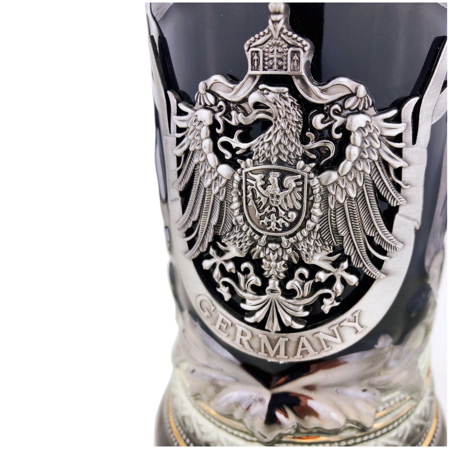 Bierkrug mit Deckel 0,7L – Bierseidel Steinkrug mit Spitzdeckel und Metallmontur "Germany" (Schwarz/Braun)