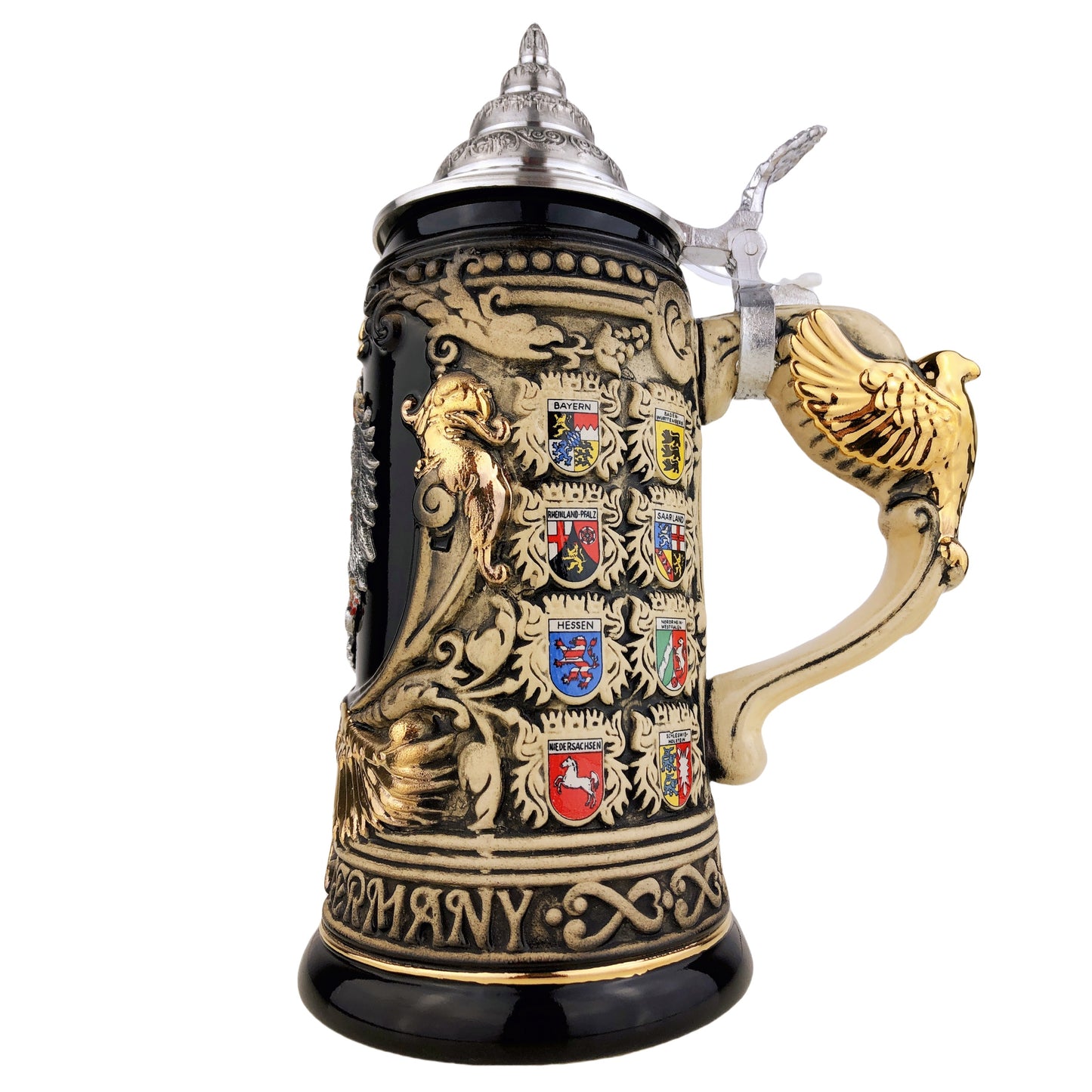 KING® Made in Germany Bierkrug mit Zinn-Deckel "Deutschland" mit Adler-Henkel 0,6L (0430/1SAHEB1)