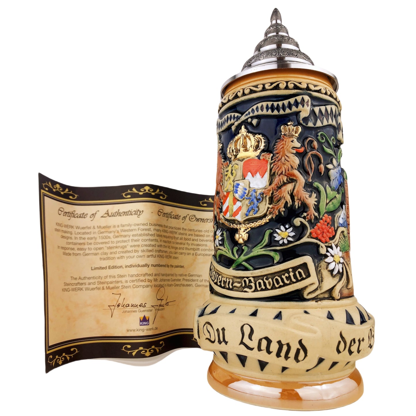 KING® Made in Germany Bierkrug mit Zinn-Deckel “Bayern” 0,7L (0393 FB1)
