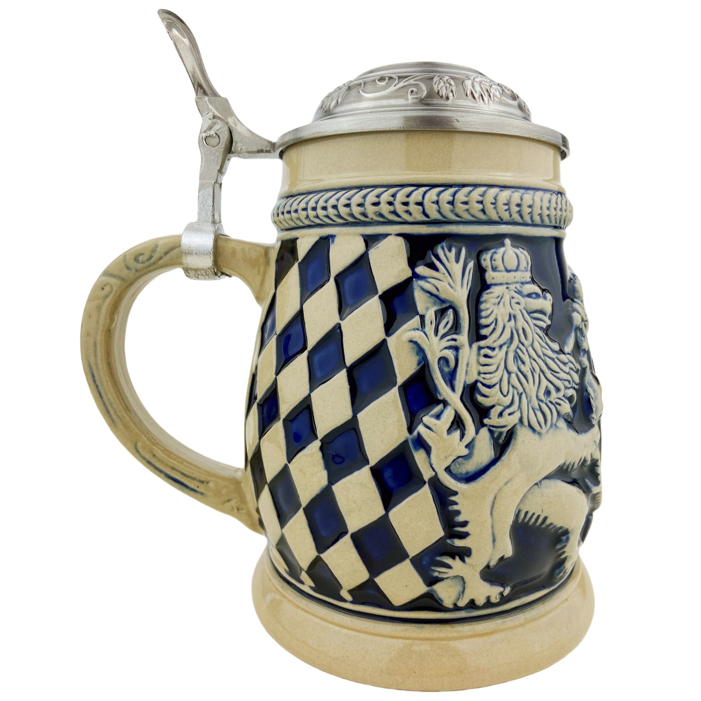Bierkrug mit Deckel 0,6L – Klassischer Bayrischer Steinkrug mit Relief-Wappen und Flachdeckel