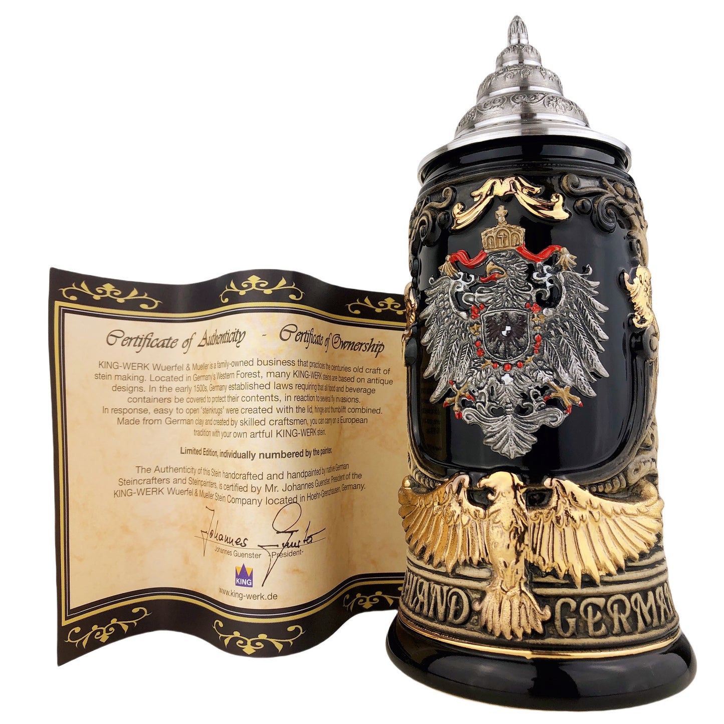 KING® Made in Germany Bierkrug mit Zinn-Deckel "Deutschland" mit Adler-Henkel 0,6L (0430/1SAHEB1)
