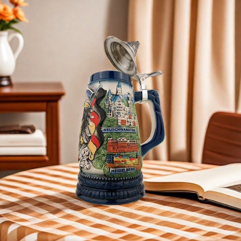 Bierkrug mit Deckel 0,7L – Traditioneller Handmade Steinkrug – Deutschland Motiv mit Adler und Fahne Blau