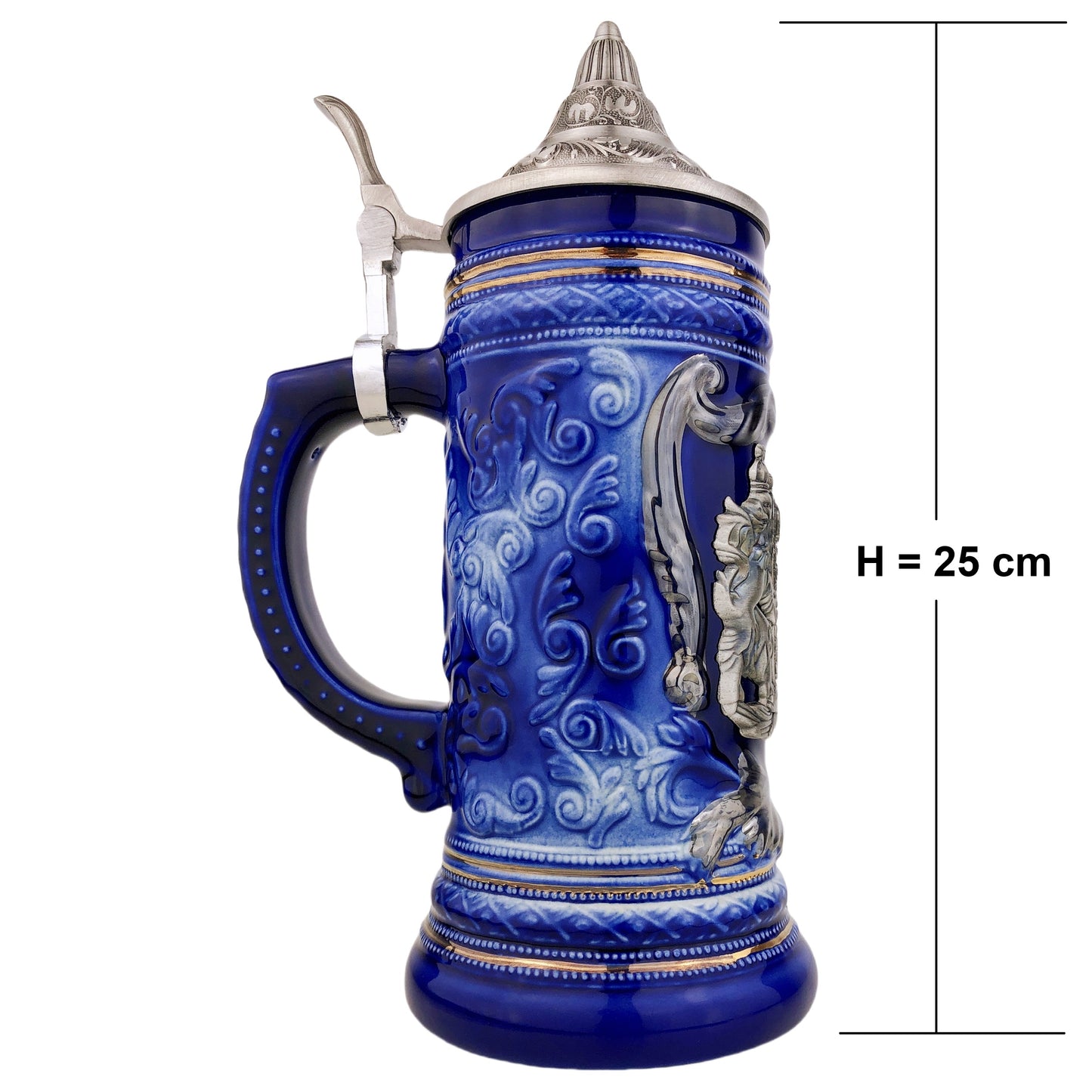 Bierkrug mit Deckel 0,7L – Bierseidel Steinkrug mit Spitzdeckel und Metallmontur "Bayern" (Blau)