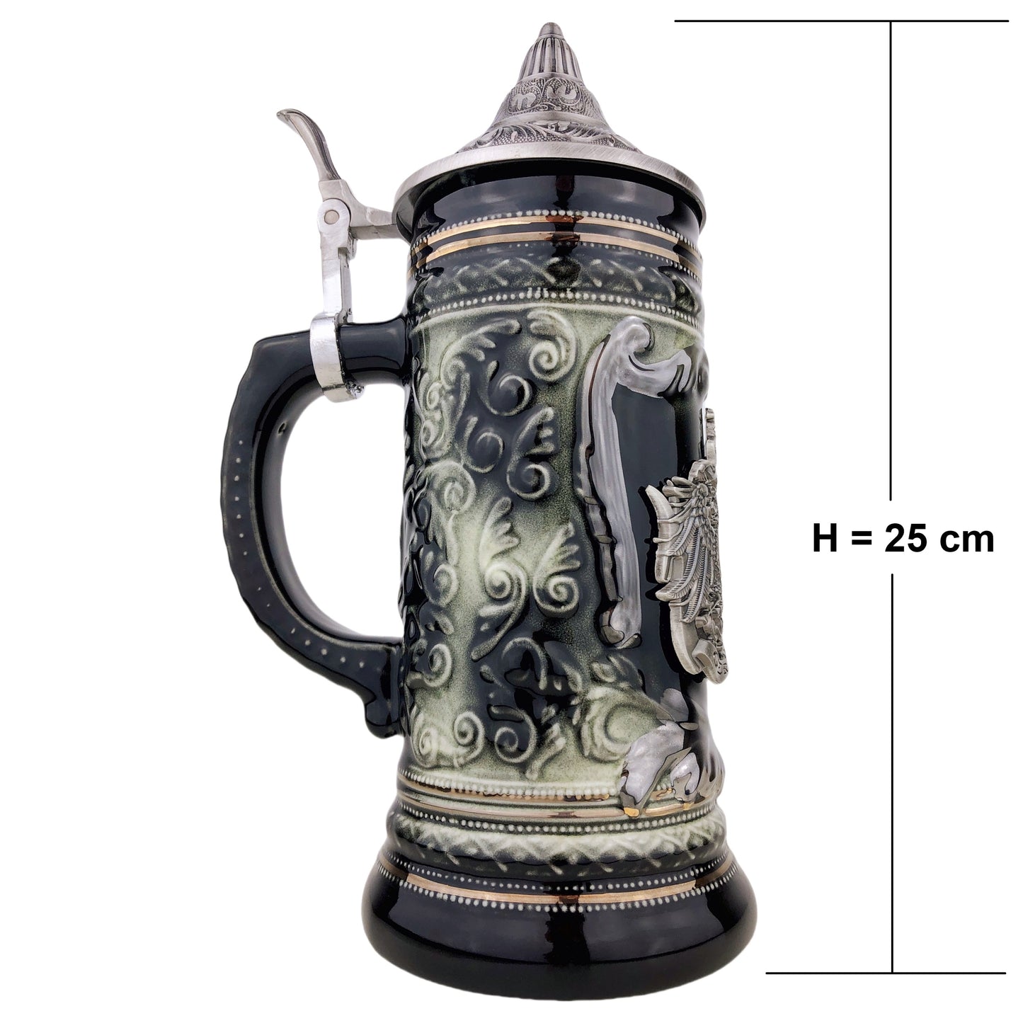 Bierkrug mit Deckel 0,7L – Bierseidel Steinkrug mit Spitzdeckel und Metallmontur "Germany" mit Deutschland-Farben (Schwarz/Braun)