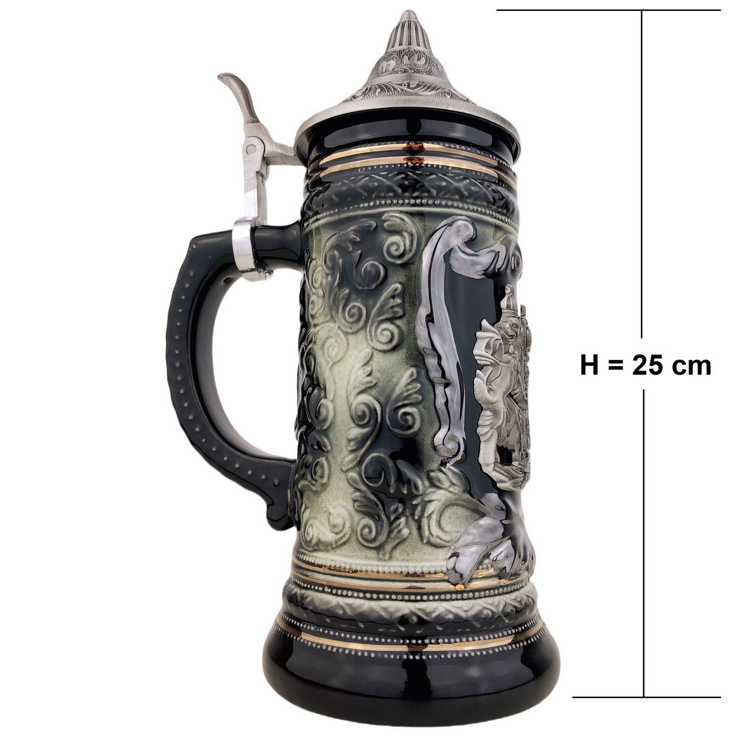 Bierkrug mit Deckel 0,7L – Bierseidel Steinkrug mit Spitzdeckel und Metallmontur "Bayern" (Schwarz/Braun)