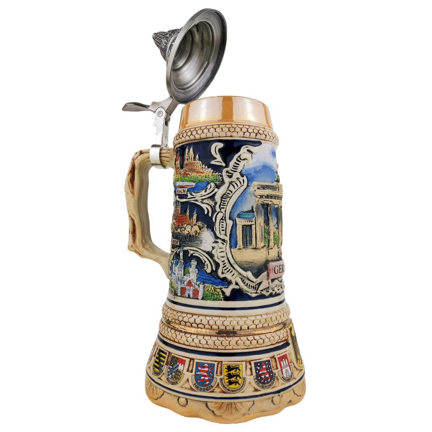 Bierkrug mit Deckel 0,7L – Steinkrug mit XL-Boden – Brandenburger Tor Motiv auf der Vorderseite – Deutschland Design