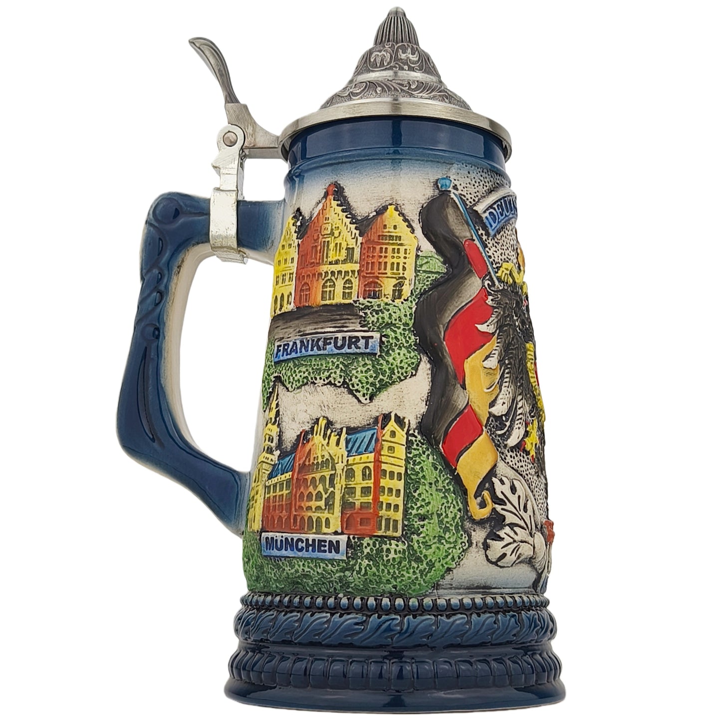 Klassischer Bierkrug mit Zinndeckel Deutschland Germany traditionelles Motiv Souvenir