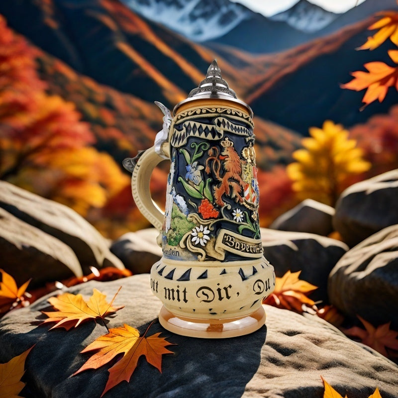 KING-WERK Bierkrug mit Zinndeckel – Motiv „Bayern – Bavaria“ – Relief-Steinzeug – Made in Germany (Artikel: 0393 FB1)