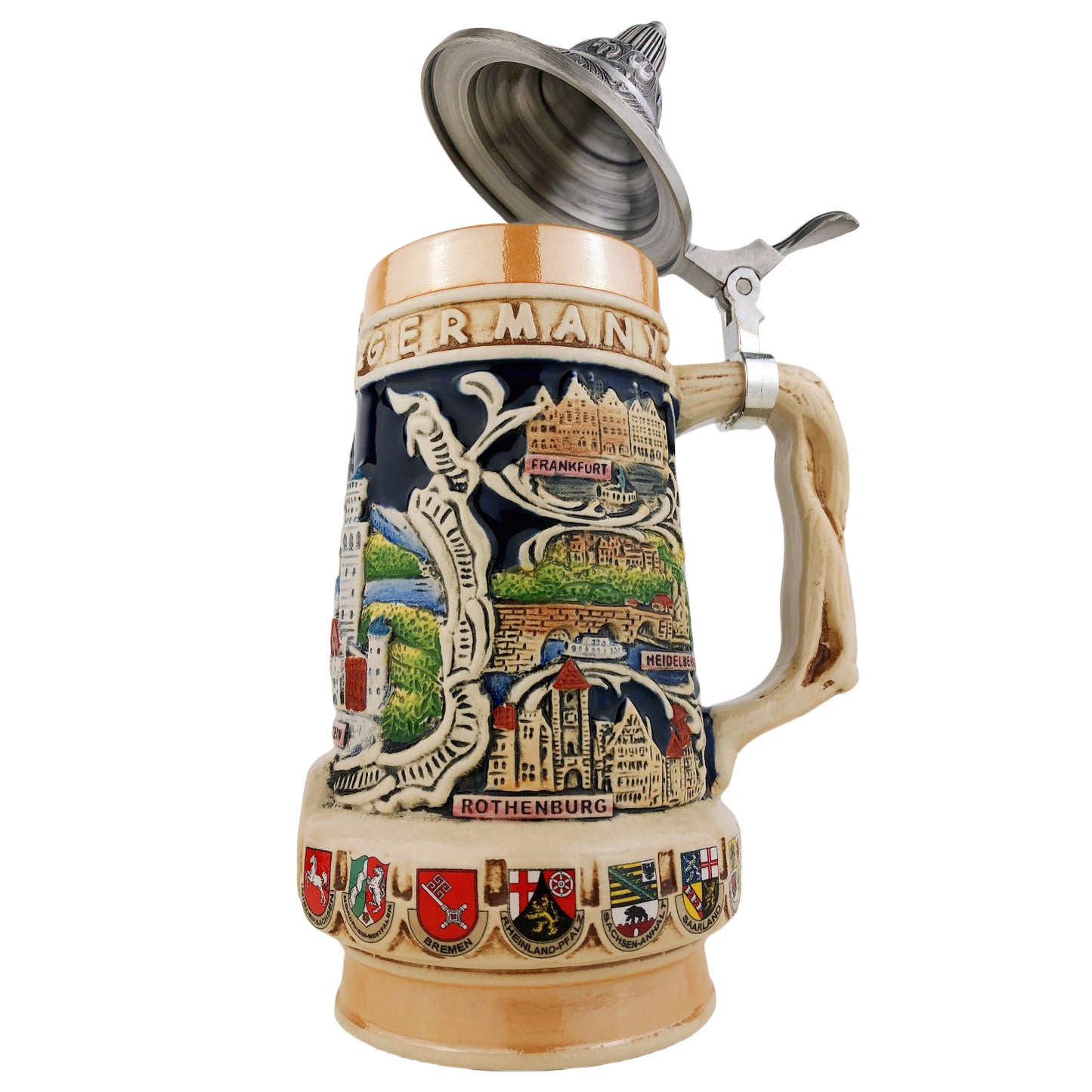 Bierkrug mit Deckel 0,7L – Traditioneller Steinkrug mit Deutschland-Motiv – Neuschwanstein auf der Vorderseite