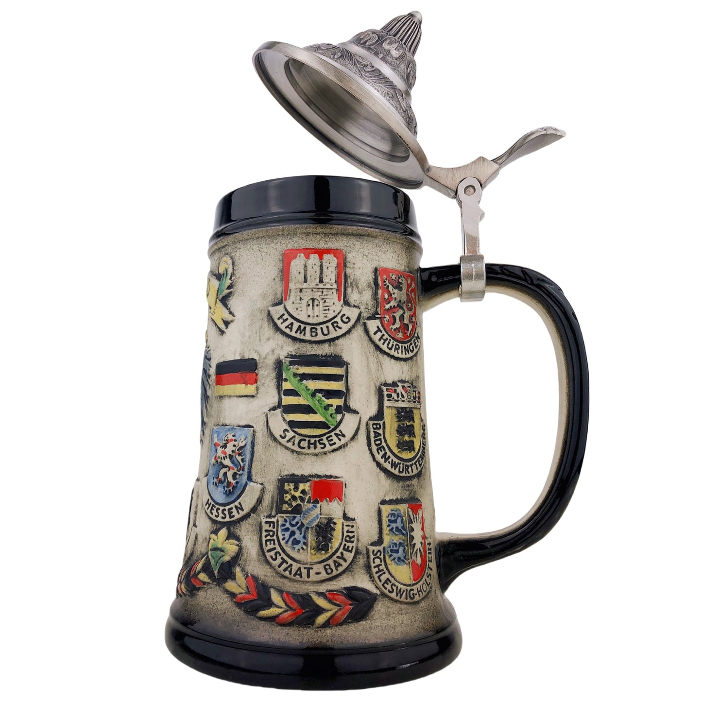 Bierkrug mit Deckel 0,7L – Handgefertigter Steinkrug im Deutschland-Design mit Bundesländer-Wappen