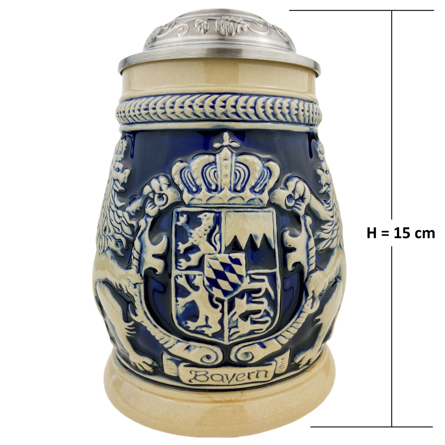 Bierkrug mit Deckel 0,6L – Klassischer Bayrischer Steinkrug mit Relief-Wappen und Flachdeckel