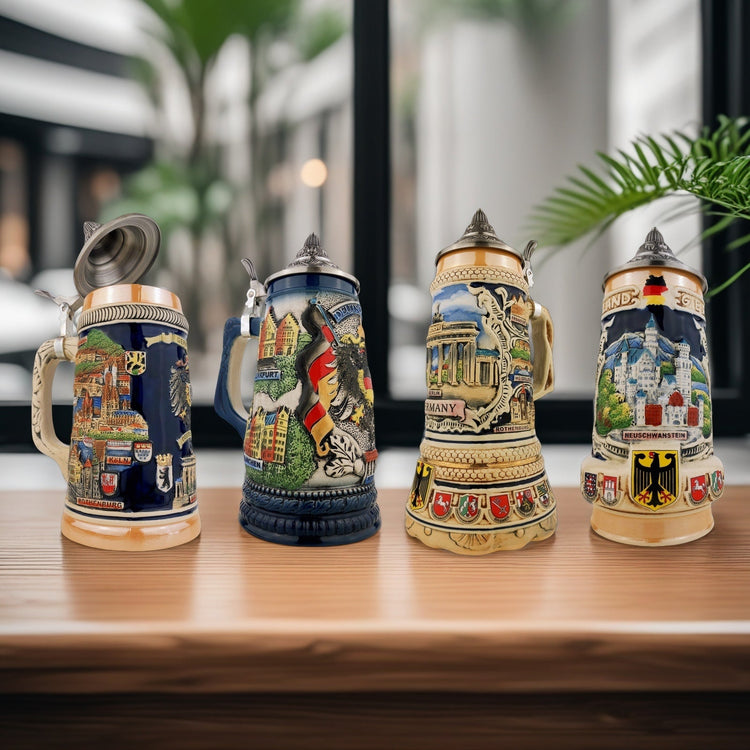 Handgefertigter Bierkrug mit Deckel und kunstvollem Reliefmotiv – traditionelle Handwerkskunst, perfekt für Sammler und Liebhaber