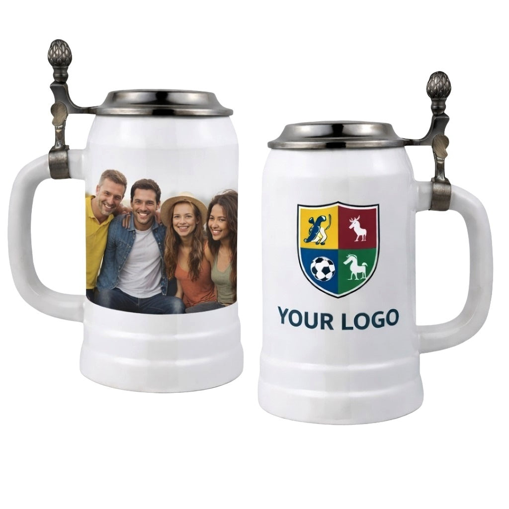 Bierkrug mit Deckel 0,5L (Weiß, Flachdeckel) – personalisierbar mit Ihrem Logo oder Foto