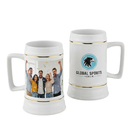 Bierkrug 0,5L (Weiß, ohne Deckel, mit Goldrand) – personalisierbar mit Ihrem Logo oder Foto