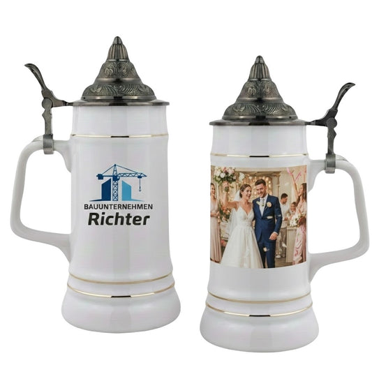 Bierkrug mit Deckel 0,7L (Weiß, Spitzdeckel) – personalisierbar mit Ihrem Logo oder Foto