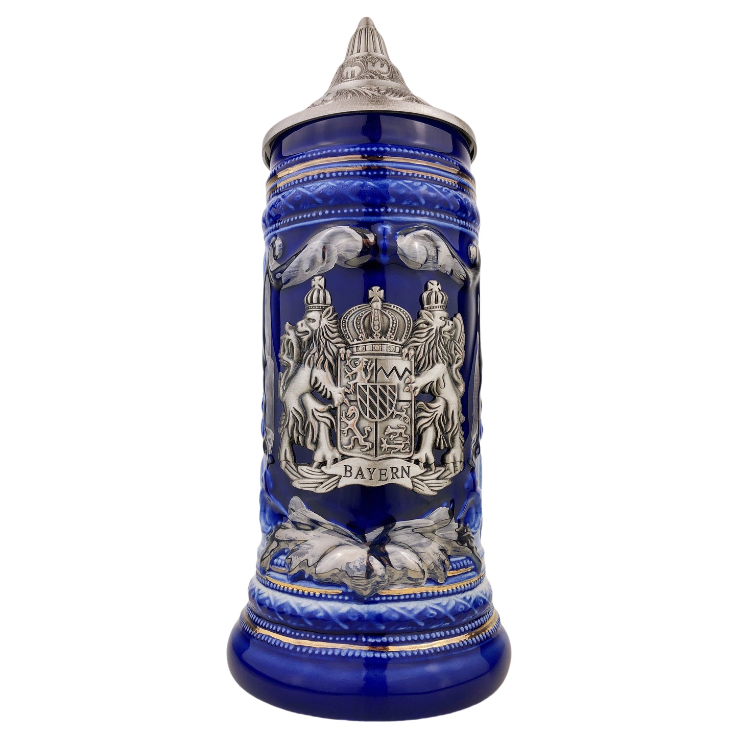 Bierkrug mit Deckel 0,7L – Bierseidel Steinkrug mit Spitzdeckel und Metallmontur "Bayern" (Blau)